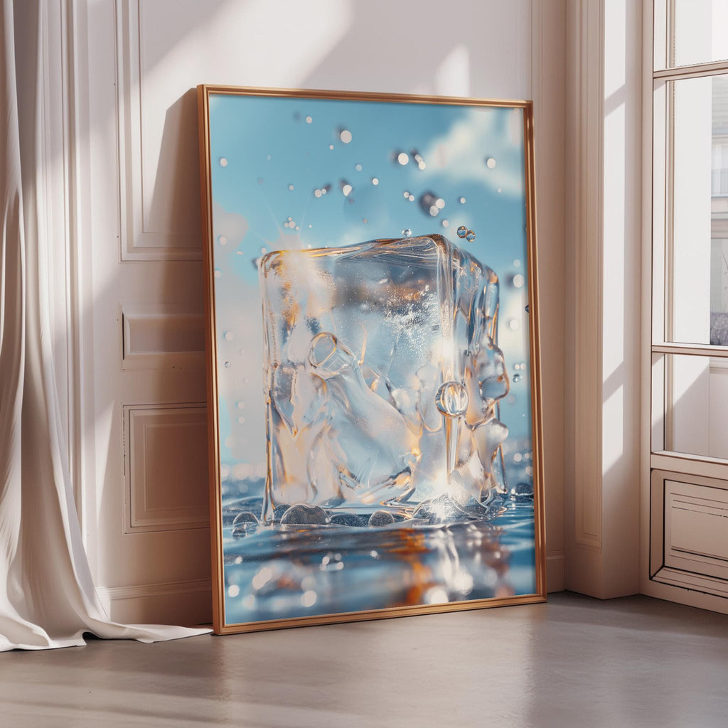 a large, framed picture of a clear, transparent cube-shaped object with water droplets on its surface, creating a visually striking and artistic composition.