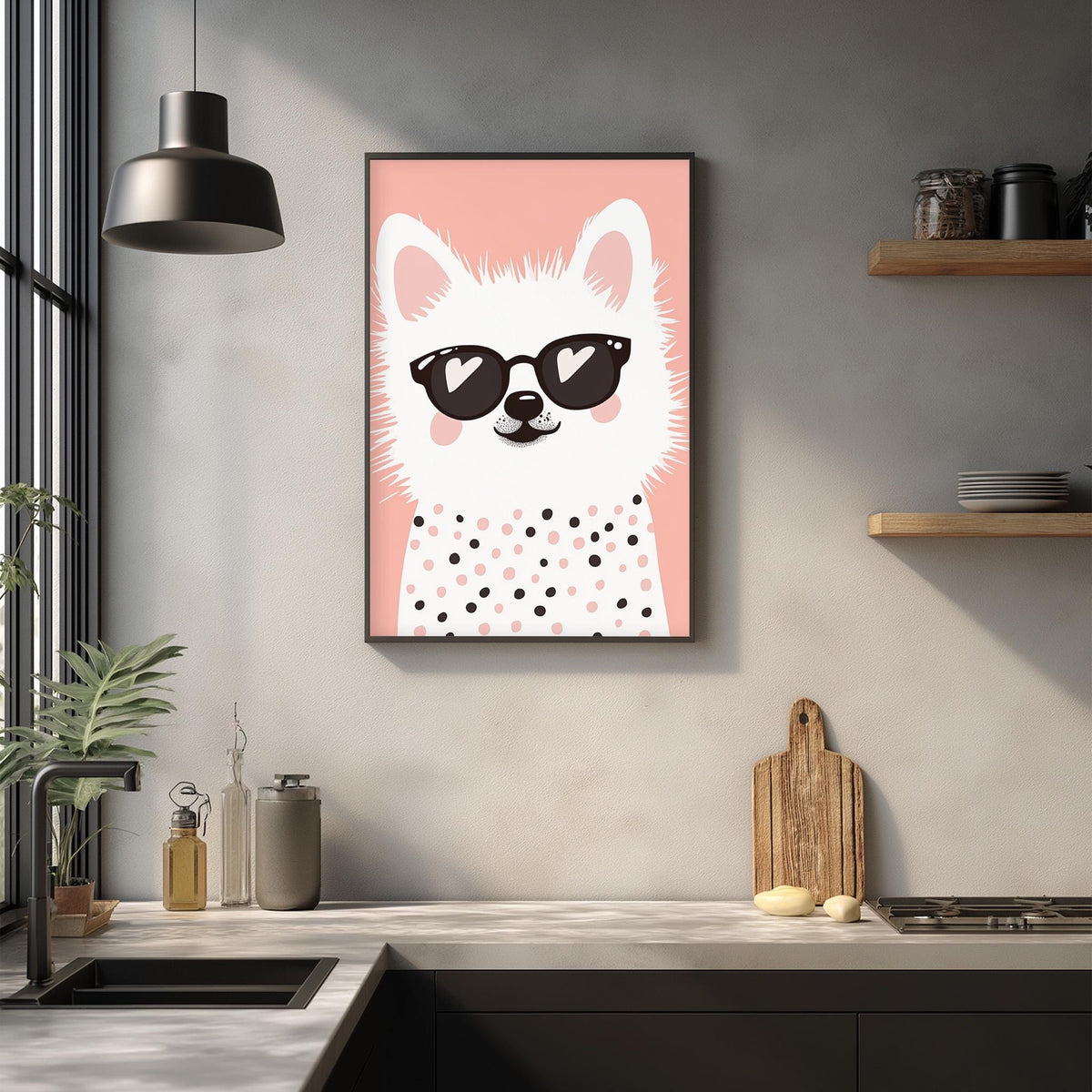 a kitchen counter with a framed picture of a white dog wearing sunglasses and a polka dot scarf hanging on the wall above it.