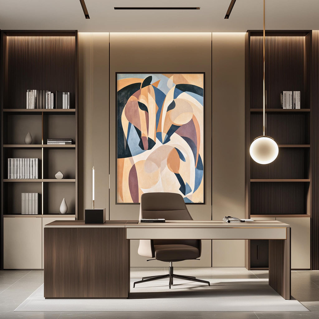 a modern and stylish office space with a large abstract painting on the wall, a wooden desk with a chair, and built-in bookshelves.