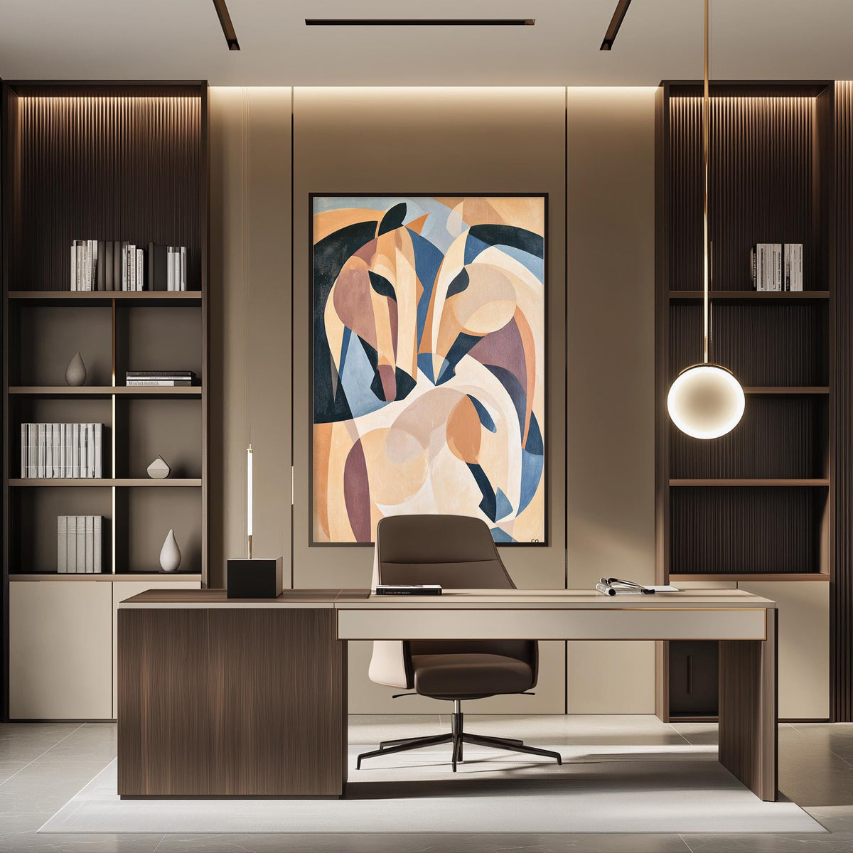 a modern and stylish office space with a large abstract painting on the wall, a wooden desk with a chair, and built-in bookshelves.