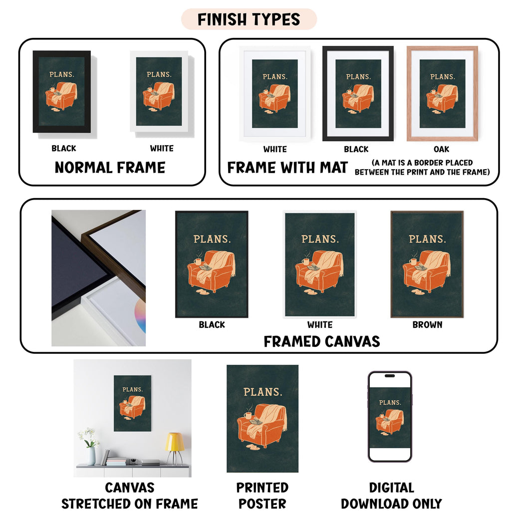 various finish types for a canvas print, including a normal frame, a frame with a mat, a black frame, a white frame, a black frame, a white framed canvas, a framed canvas, a stretched canvas, a printed poster, and a digital download only.