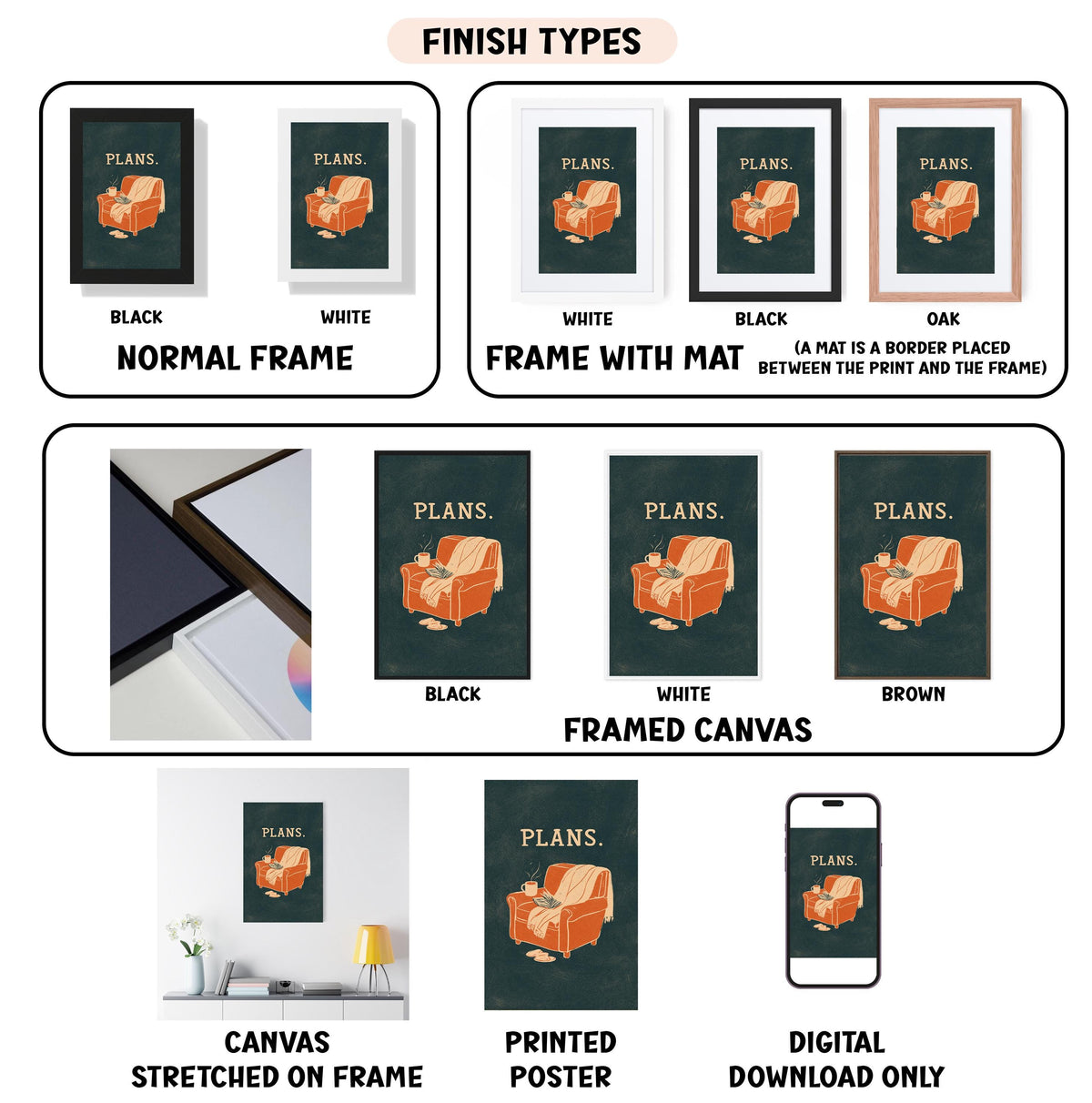 various finish types for a canvas print, including a normal frame, a frame with a mat, a black frame, a white frame, a black frame, a white framed canvas, a framed canvas, a stretched canvas, a printed poster, and a digital download only.