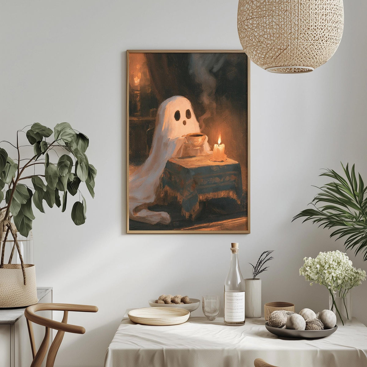 a painting of a ghost sitting at a table with a lit candle, surrounded by various decorative elements such as plants, vases, and bowls.
