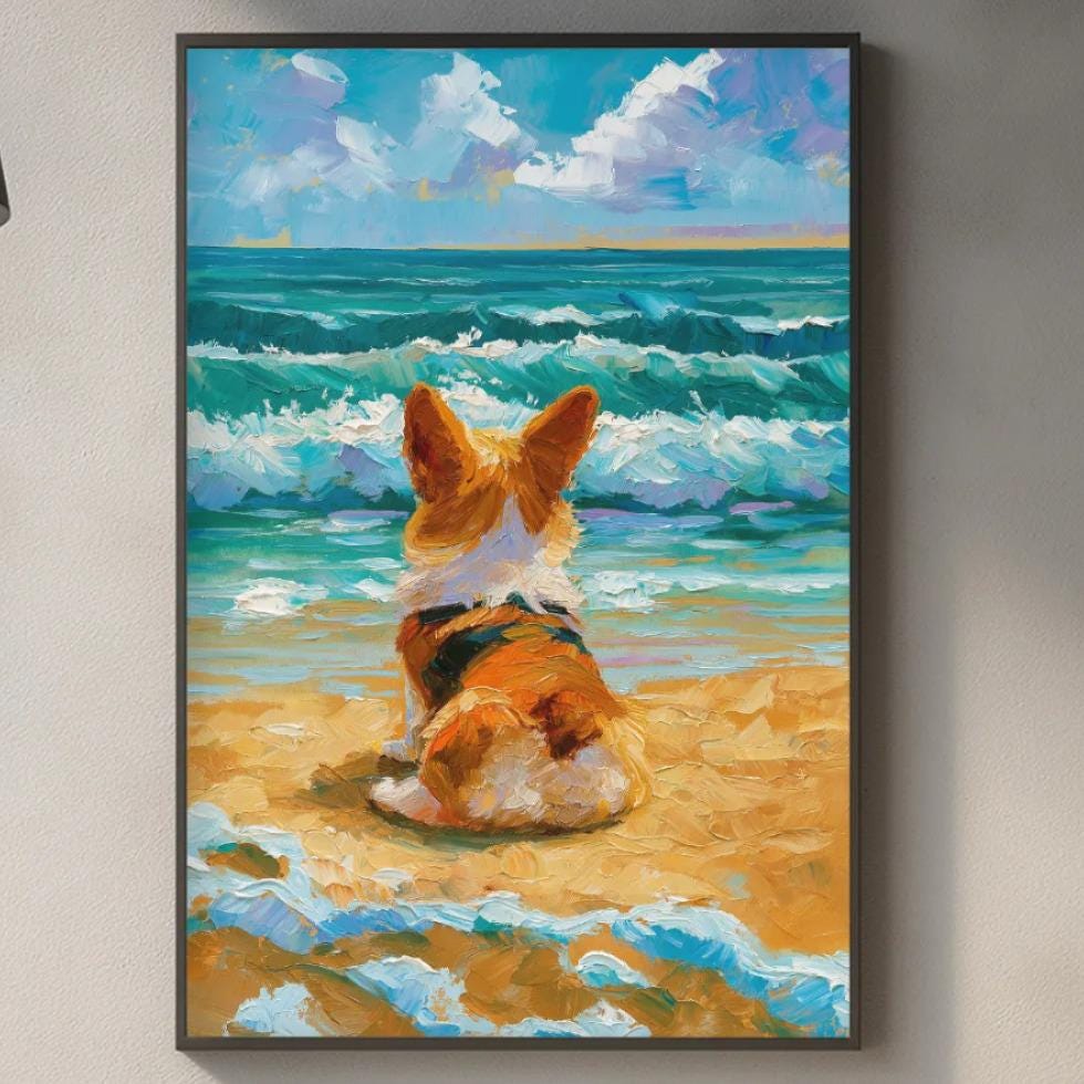 a framed painting of a dog sitting on a beach, with the ocean in the background.