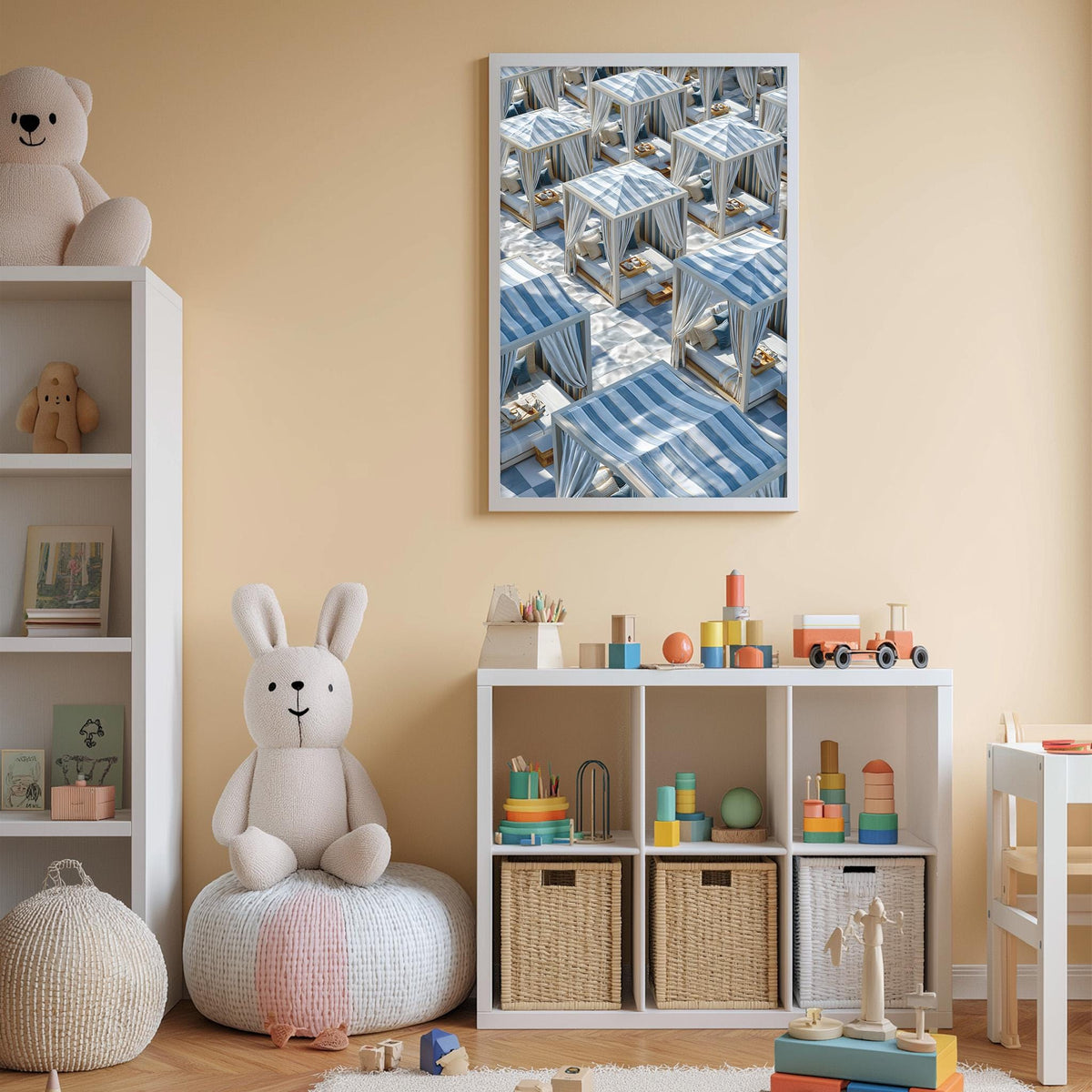 A cozy and colorful children's bedroom with a large stuffed bunny, shelves filled with toys, and a framed image of beach umbrellas on the wall.