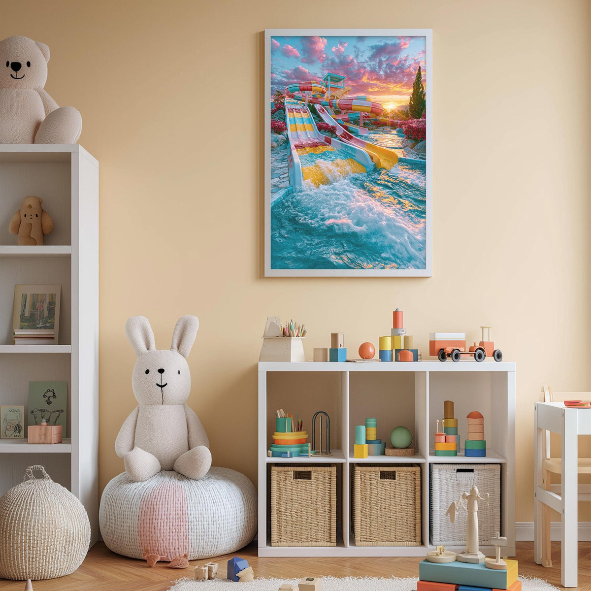 A child's bedroom with a large stuffed bunny, a bookshelf, and a colorful painting of a water slide on the wall.