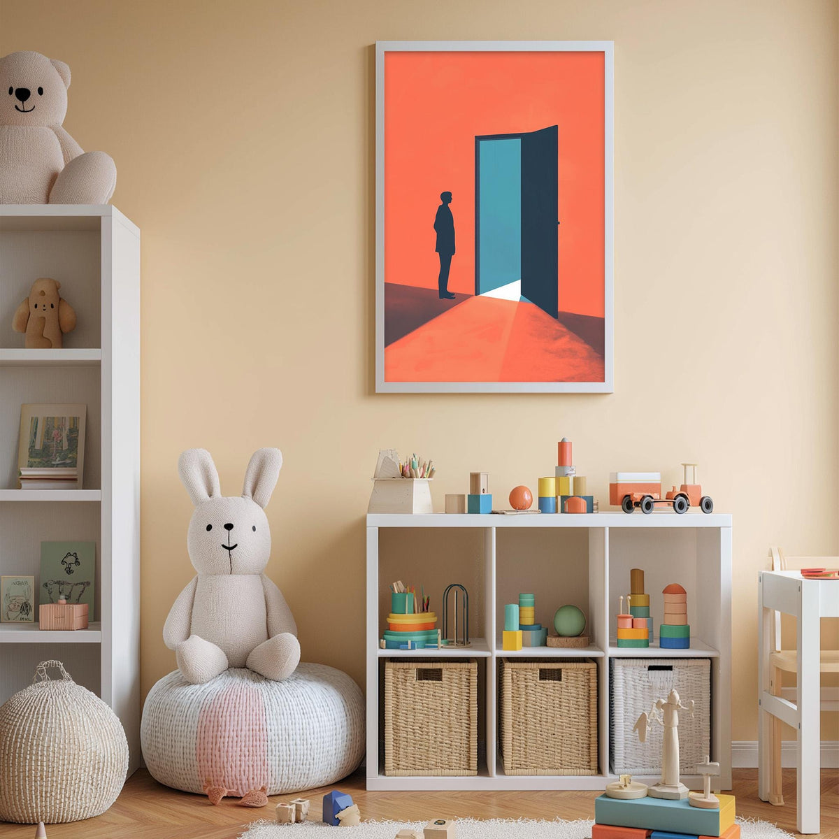 A child's bedroom with a white bookshelf, a stuffed rabbit, and a colorful toy set. The walls are painted a light peach color, and there is a framed artwork depicting an open doorway with a silhouette of a person standing in the doorway.