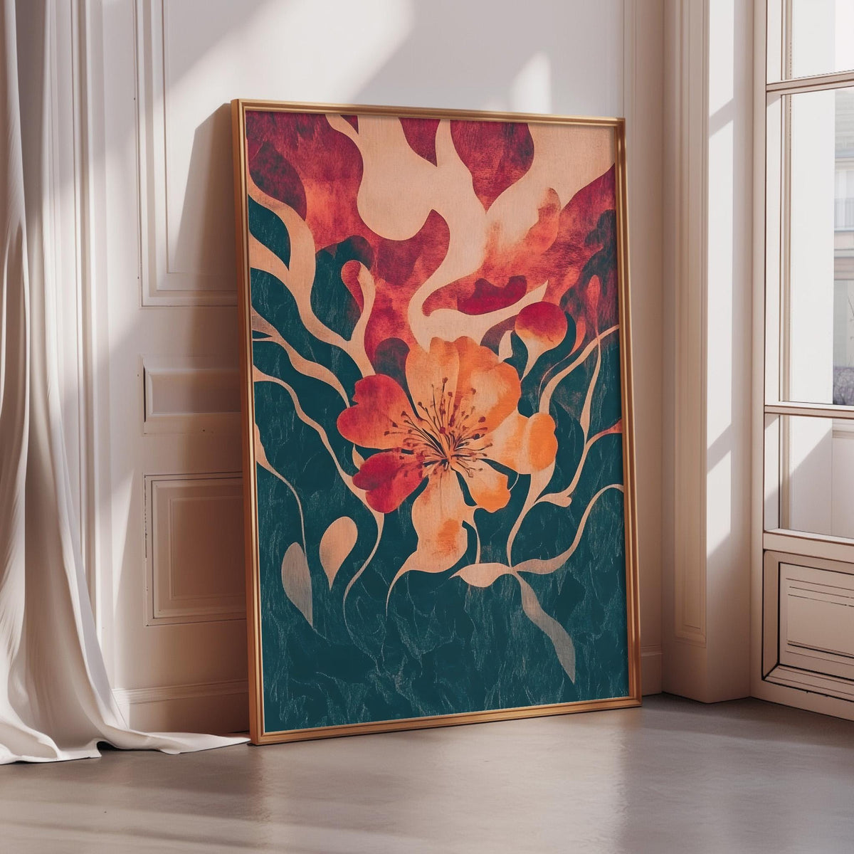 a large, colorful painting of a flower with a vibrant mix of red, orange, and green colors. The painting is displayed on a white wall, and it is leaning against the wall, creating a visually striking contrast with the surrounding environment.