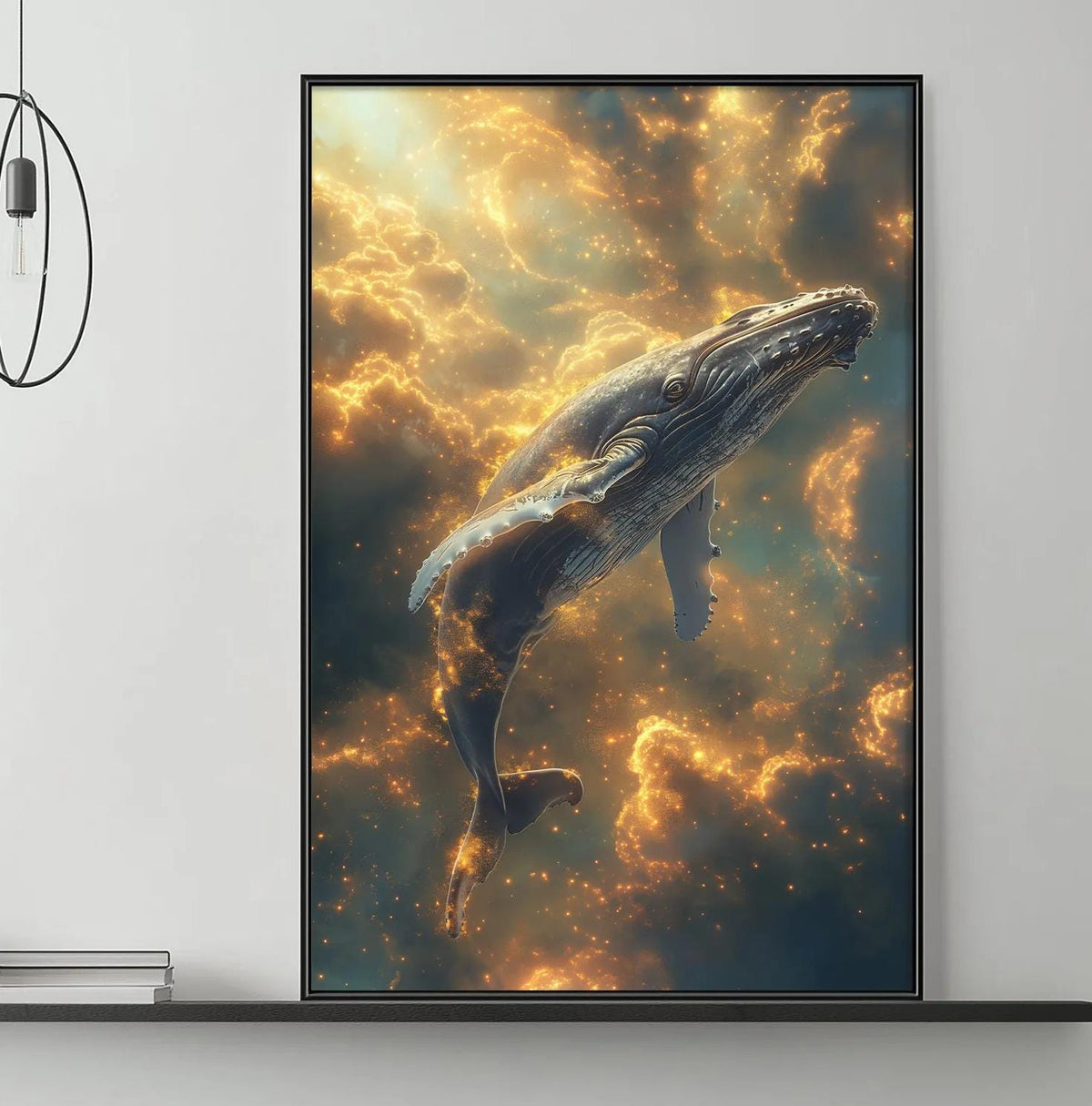 a large, vibrant painting of a whale swimming in the ocean, with a dramatic sky and clouds in the background. The painting is displayed on the wall above a gray couch, which is positioned in front of a coffee table. The room has a minimalist and modern design, with a few decorative items such as a potted plant, vases, and books.