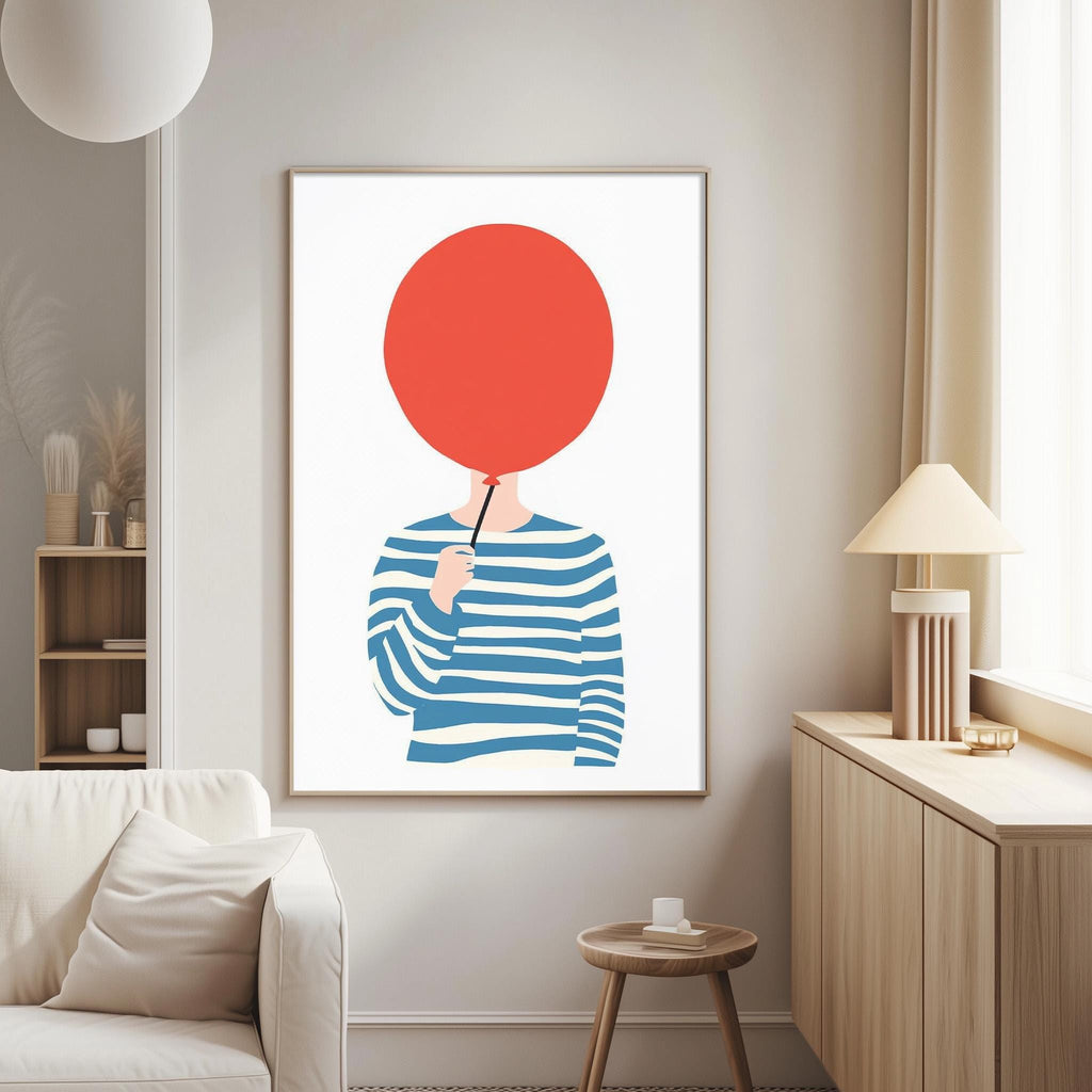 a living room with a white couch, a wooden side table, and a framed artwork of a person holding a red balloon.