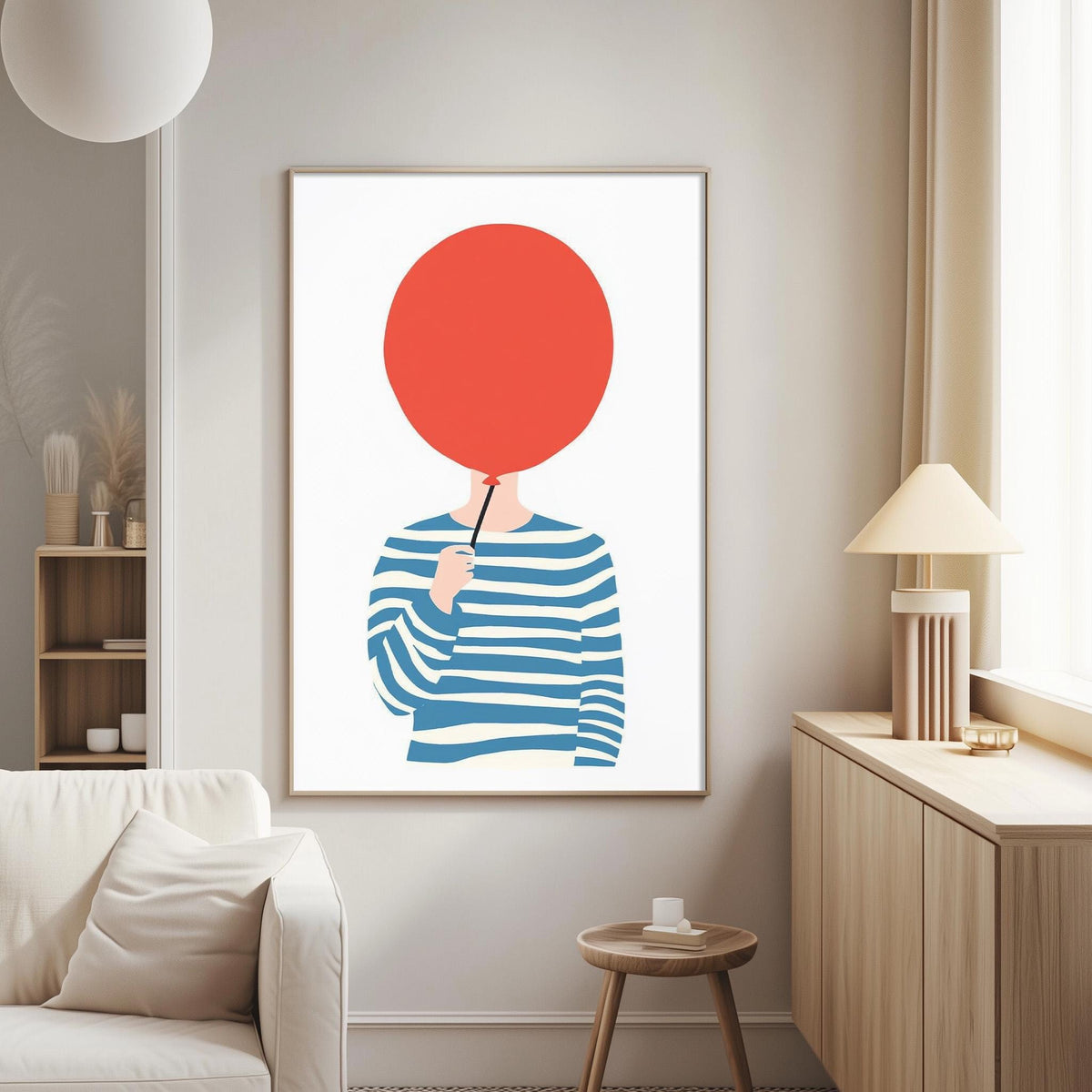a living room with a white couch, a wooden side table, and a framed artwork of a person holding a red balloon.