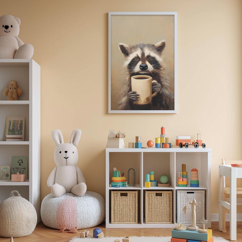 A cozy children's room with a white bookshelf, a stuffed rabbit, and a framed painting of a raccoon holding a mug. The room also contains various toys and storage bins, creating a warm and inviting atmosphere.