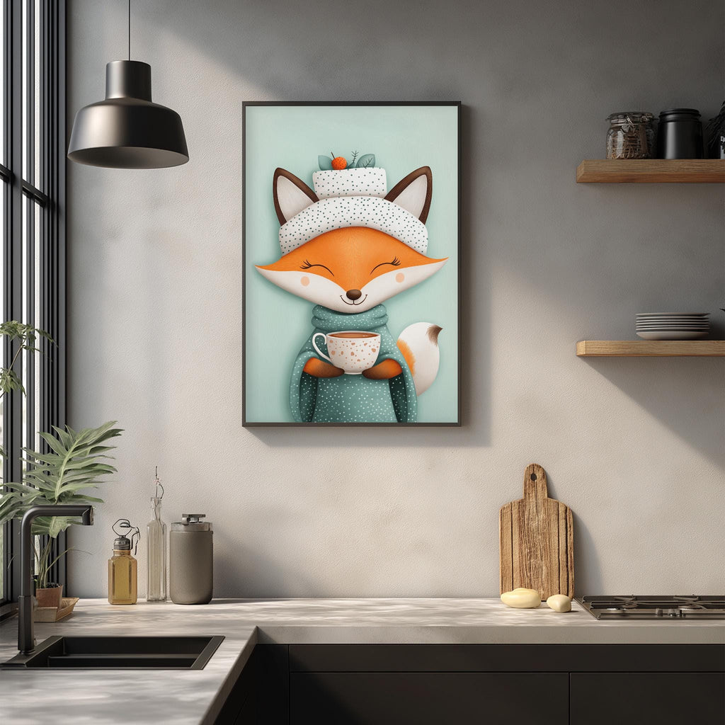 a kitchen scene with a framed illustration of a fox wearing a hat and holding a cup of tea on the wall.