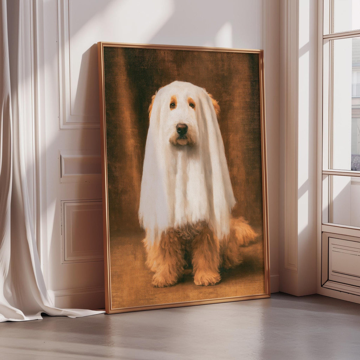 A large framed painting of a fluffy white dog with a brown background, sitting on a wooden surface.