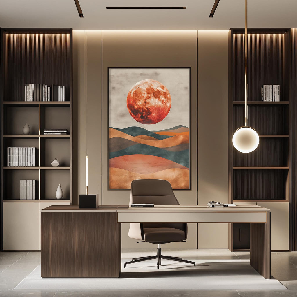 a modern and stylish office space with a large, abstract painting of a red moon on the wall. The office features a wooden desk with a chair, a bookshelf, and a pendant light, creating a comfortable and functional workspace.