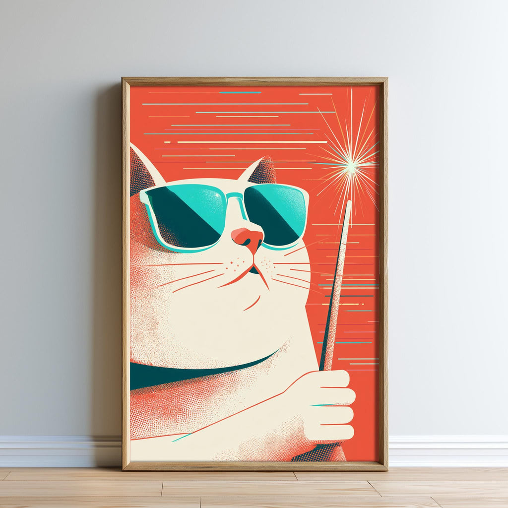 A framed illustration of a cat wearing sunglasses and holding a sparkler against a red background.