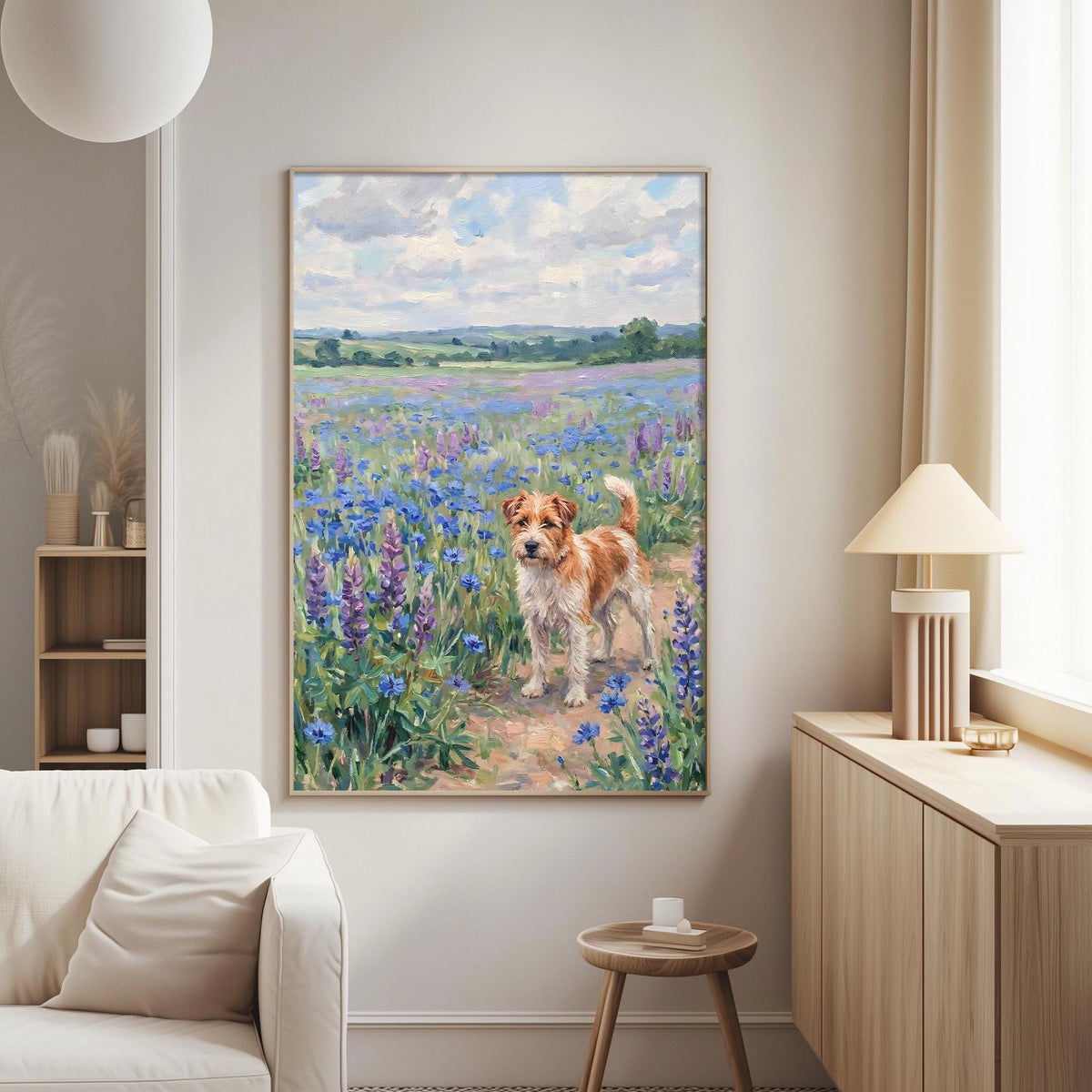 a large painting of a dog standing in a field of flowers, with a blue sky and clouds in the background.