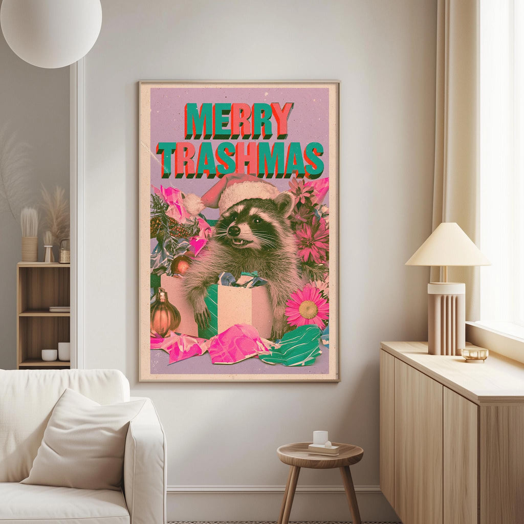 a poster with a raccoon wearing a Santa hat and surrounded by Christmas decorations, with the text "MERRY TRASHMAS" prominently displayed.