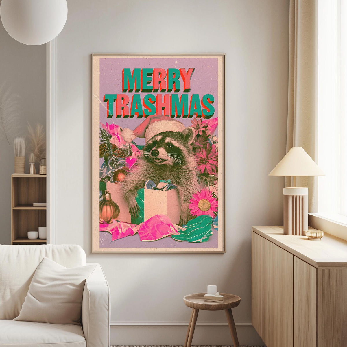 a poster with a raccoon wearing a Santa hat and surrounded by Christmas decorations, with the text "MERRY TRASHMAS" prominently displayed.
