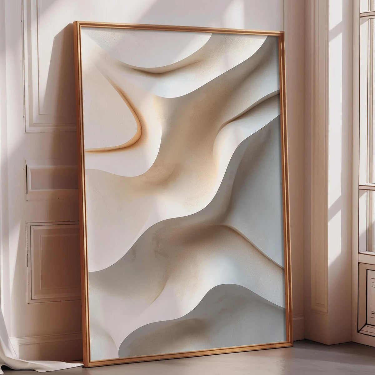 a large abstract painting with a gold frame, displayed in a room with a window and a white curtain.
