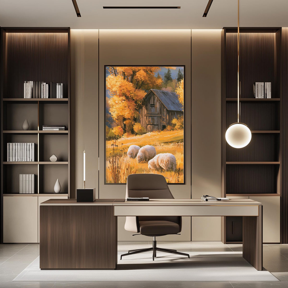 a modern office space with a large painting of a barn and sheep in the background, creating a serene and rural atmosphere.