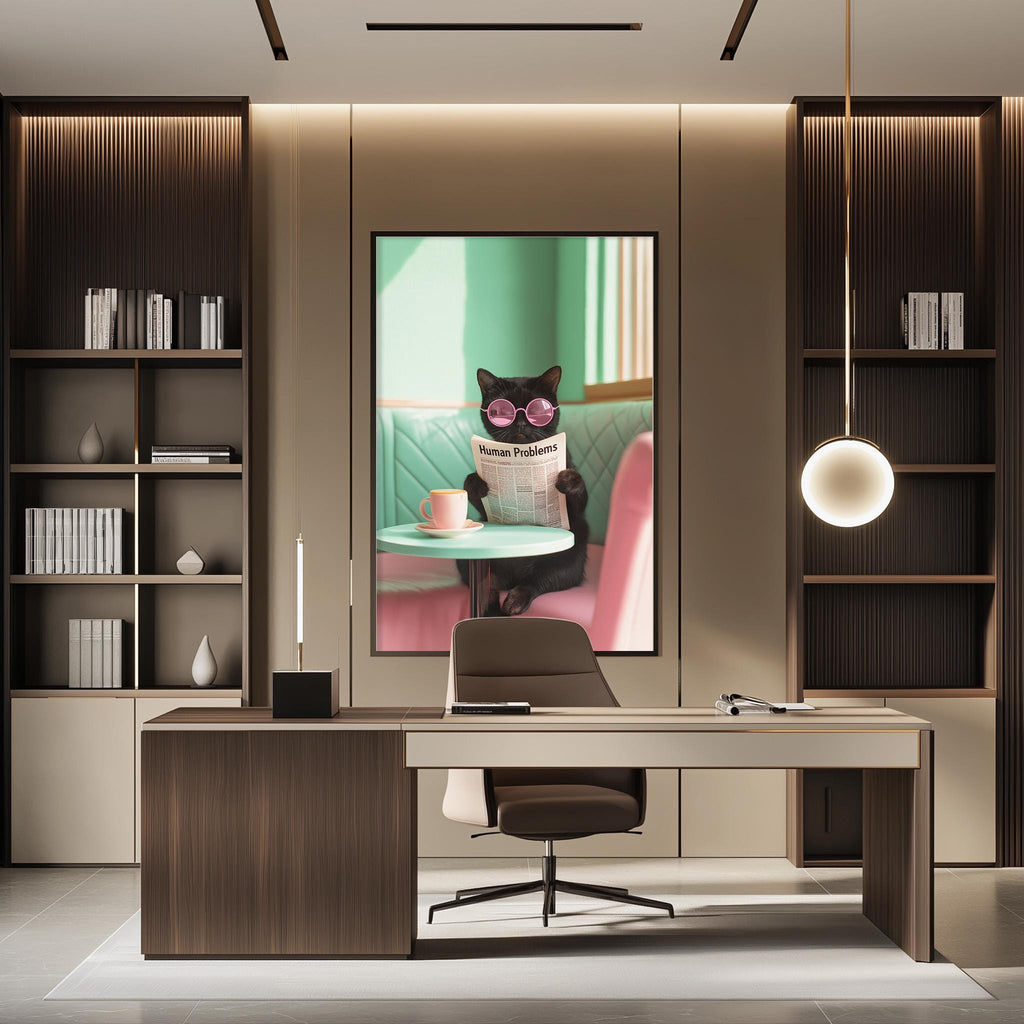 a modern office space with a large framed poster of a cat wearing sunglasses and reading a newspaper on the wall. The office has a wooden desk, a chair, and a bookshelf filled with books.