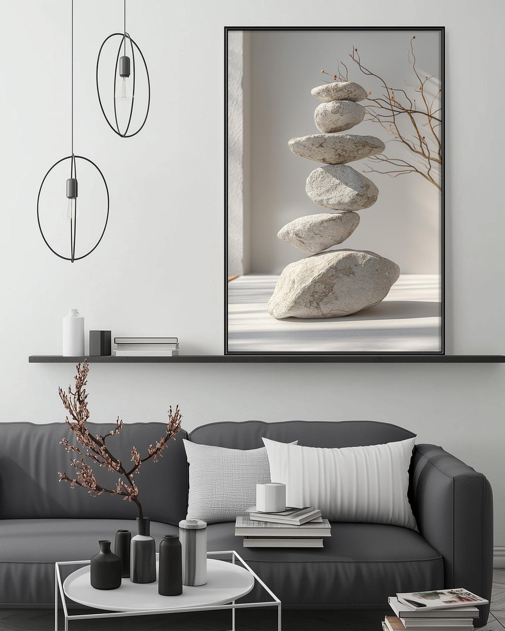 a modern living room with a gray sofa, a coffee table, and a large framed picture of stacked rocks on the wall above the sofa.