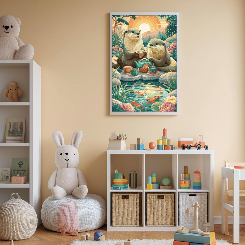 A cozy children's room with a large stuffed rabbit, a bookshelf, and a colorful painting of two otters enjoying a tea party.