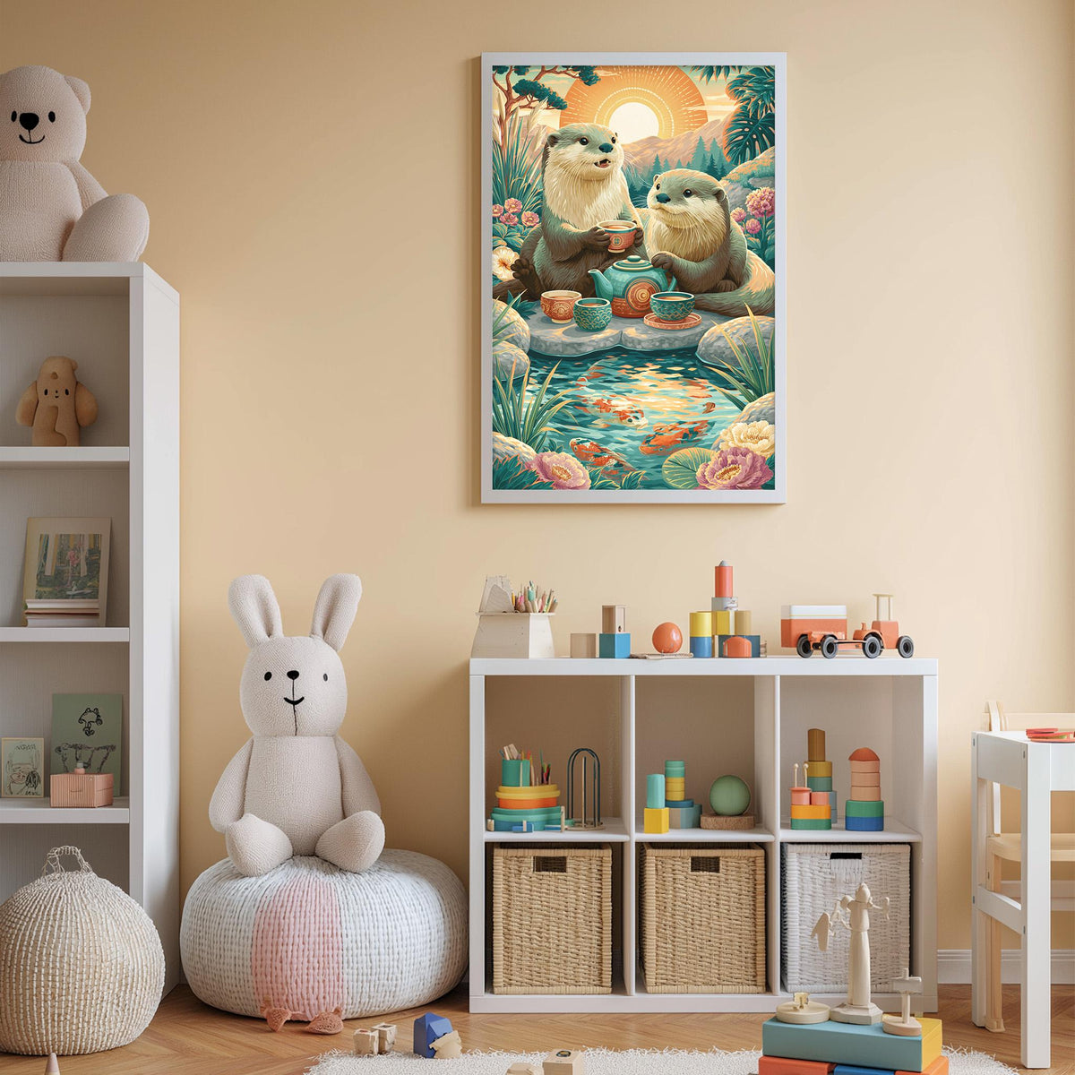 A cozy children's room with a large stuffed rabbit, a bookshelf, and a colorful painting of two otters enjoying a tea party.