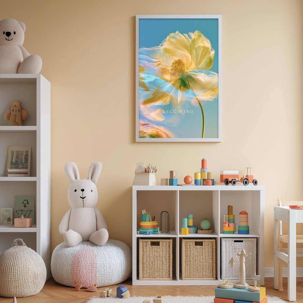 A cozy and colorful children's bedroom with a large flower painting on the wall, a white bookshelf filled with toys, and a plush rabbit sitting on a bean bag chair.