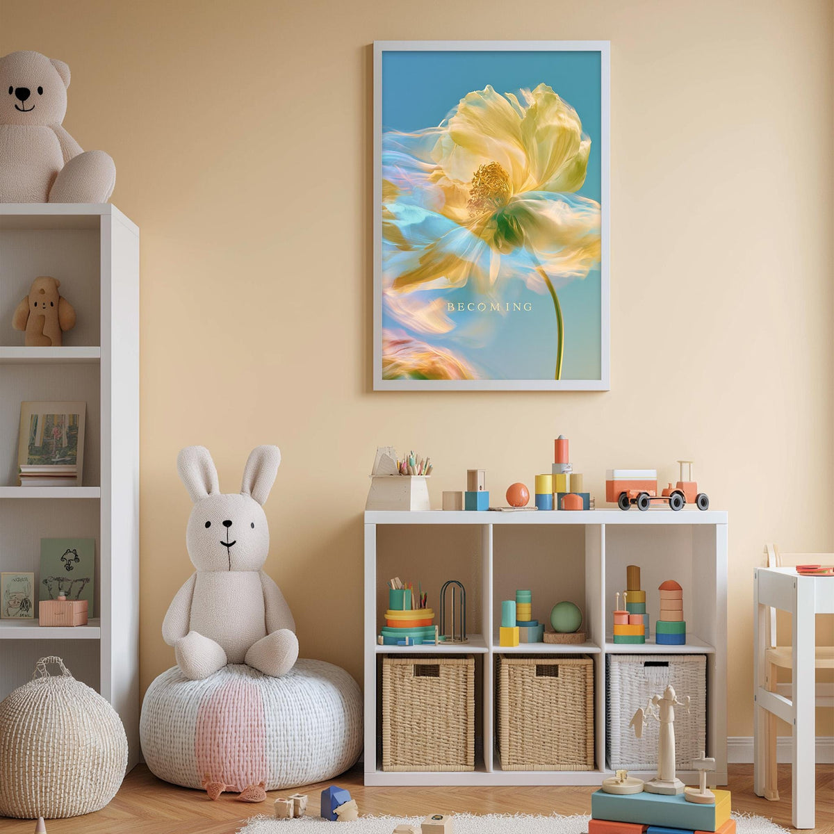 A cozy and colorful children's bedroom with a large flower painting on the wall, a white bookshelf filled with toys, and a plush rabbit sitting on a bean bag chair.