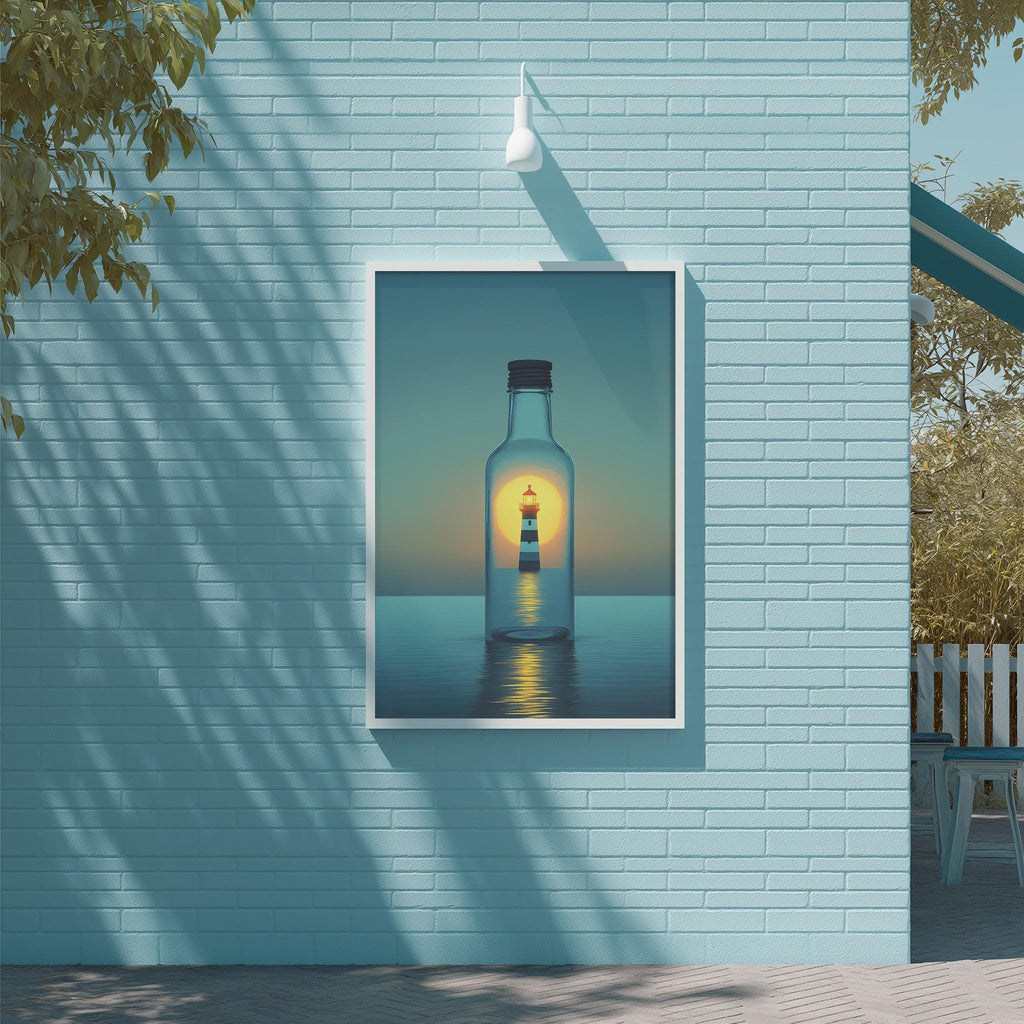 a framed painting of a lighthouse inside a glass bottle, mounted on a blue brick wall.