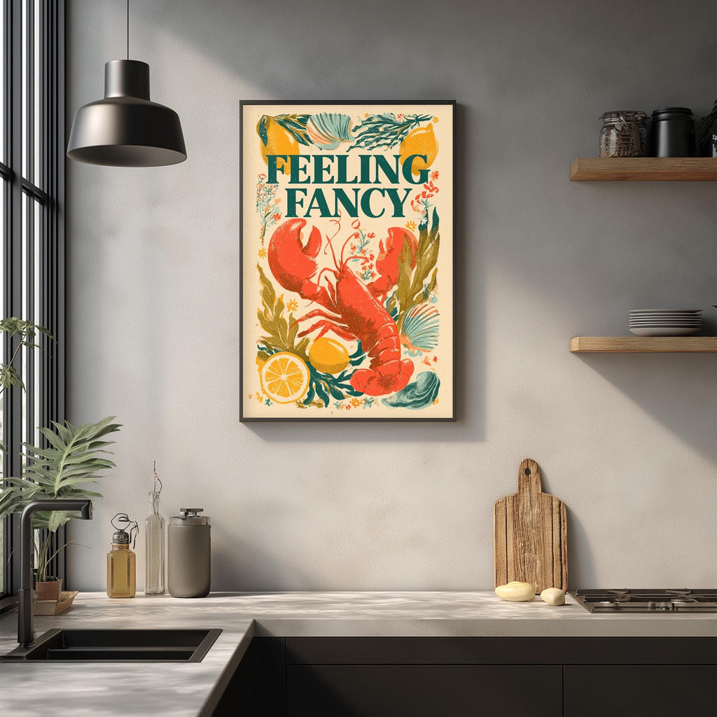 a framed poster with a vibrant illustration of a lobster, surrounded by various kitchen-related items such as a cutting board, a bottle, and a bowl.