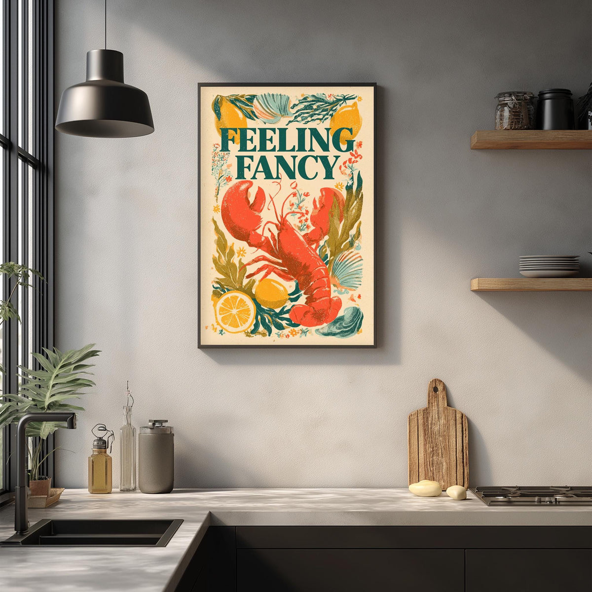 a framed poster with a vibrant illustration of a lobster, surrounded by various kitchen-related items such as a cutting board, a bottle, and a bowl.