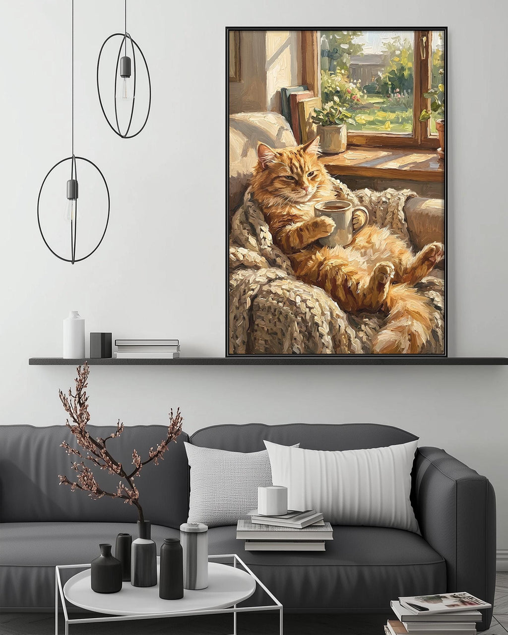 A cozy living room with a gray sofa, a coffee table, and a large painting of a cat lounging on a blanket, with a window and plants in the background.