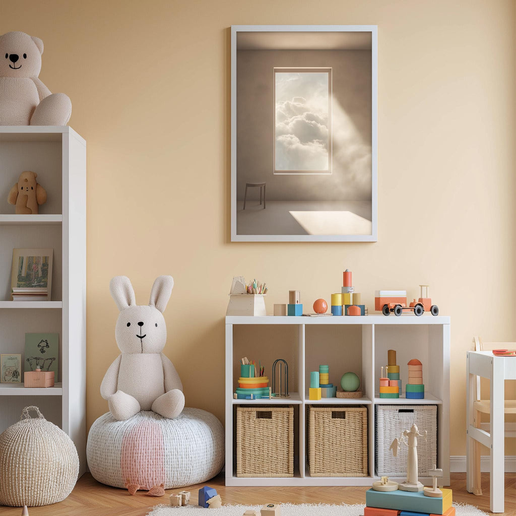 A cozy and well-organized children's playroom with a variety of toys and storage solutions. The room features a large white bookshelf, a plush rabbit, a colorful toy train, and a framed picture of a cloudy sky. The overall color scheme is warm and inviting, creating a comfortable and engaging environment for children to play and explore.