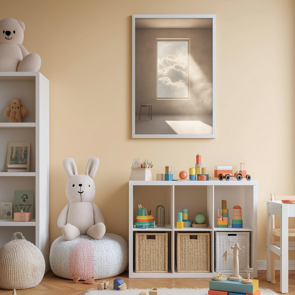 A cozy and well-organized children's playroom with a variety of toys and storage solutions. The room features a large white bookshelf, a plush rabbit, a colorful toy train, and a framed picture of a cloudy sky. The overall color scheme is warm and inviting, creating a comfortable and engaging environment for children to play and explore.