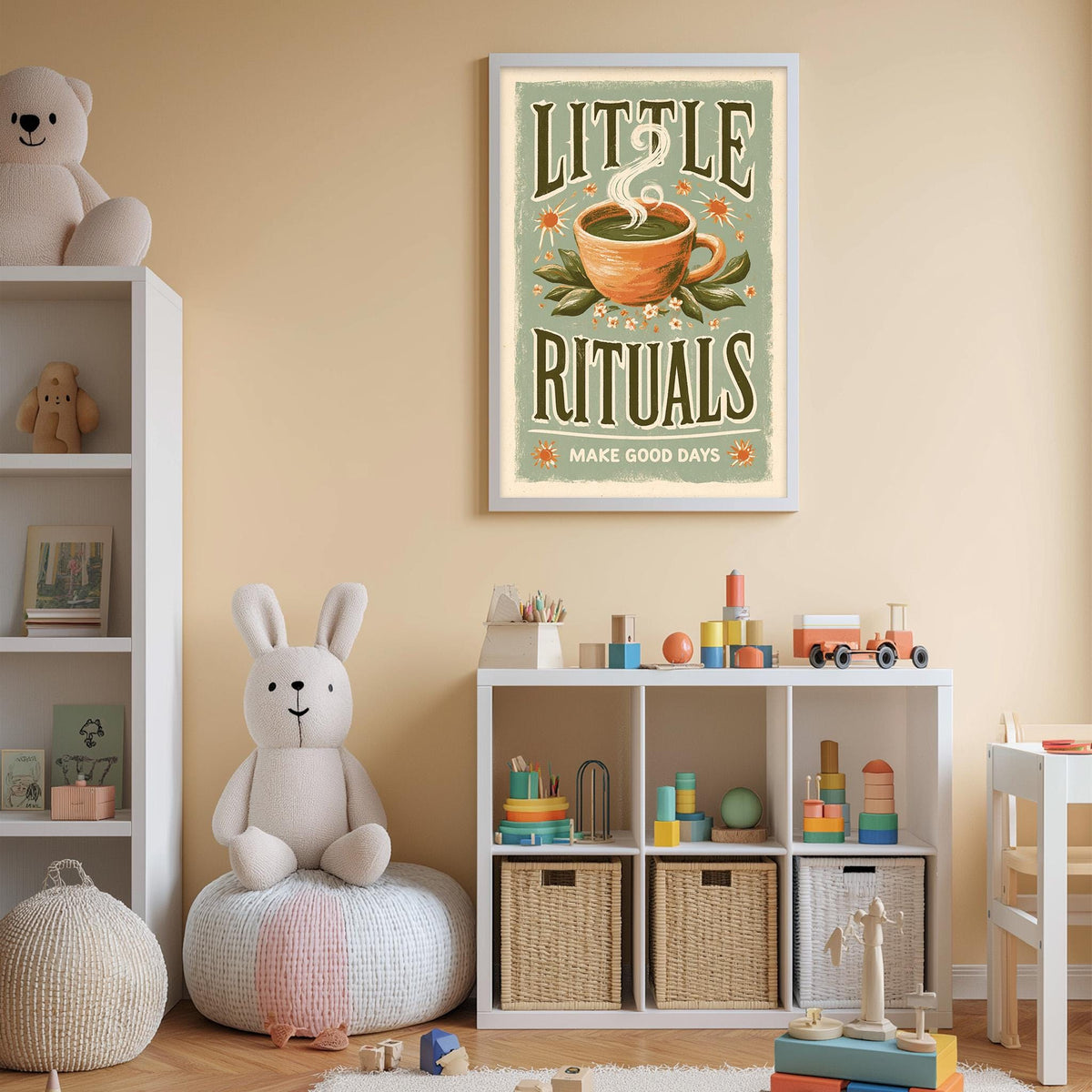 A child's bedroom with a white bookshelf, a stuffed rabbit, and a colorful toy box filled with toys. Above the bookshelf is a framed poster with the text "LITTLE RITUALS MAKE GOOD DAYS".