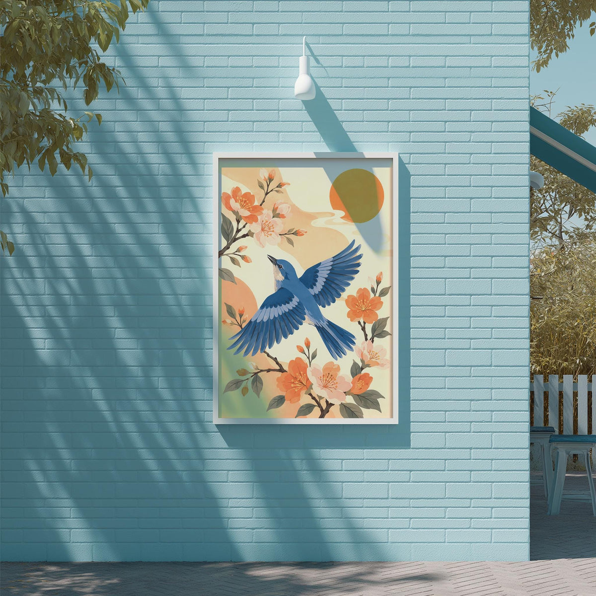 a blue bird with orange and pink flowers in its wings, flying against a light blue background with a white light fixture above it.