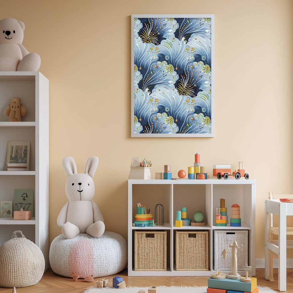 A cozy and colorful children's bedroom with a large white bookshelf, a plush white bunny, and a toy train set. The walls are painted a light peach color, and a framed print with a blue and white floral pattern hangs above the bookshelf.