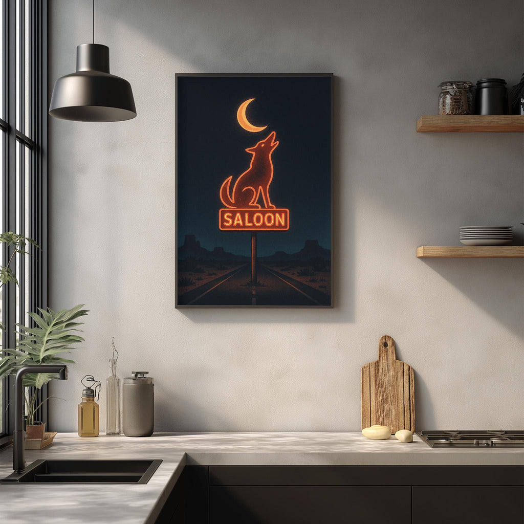 a framed neon sign of a saloon with a wolf howling at the moon, hanging on a wall above a kitchen counter with various kitchen items and decor.