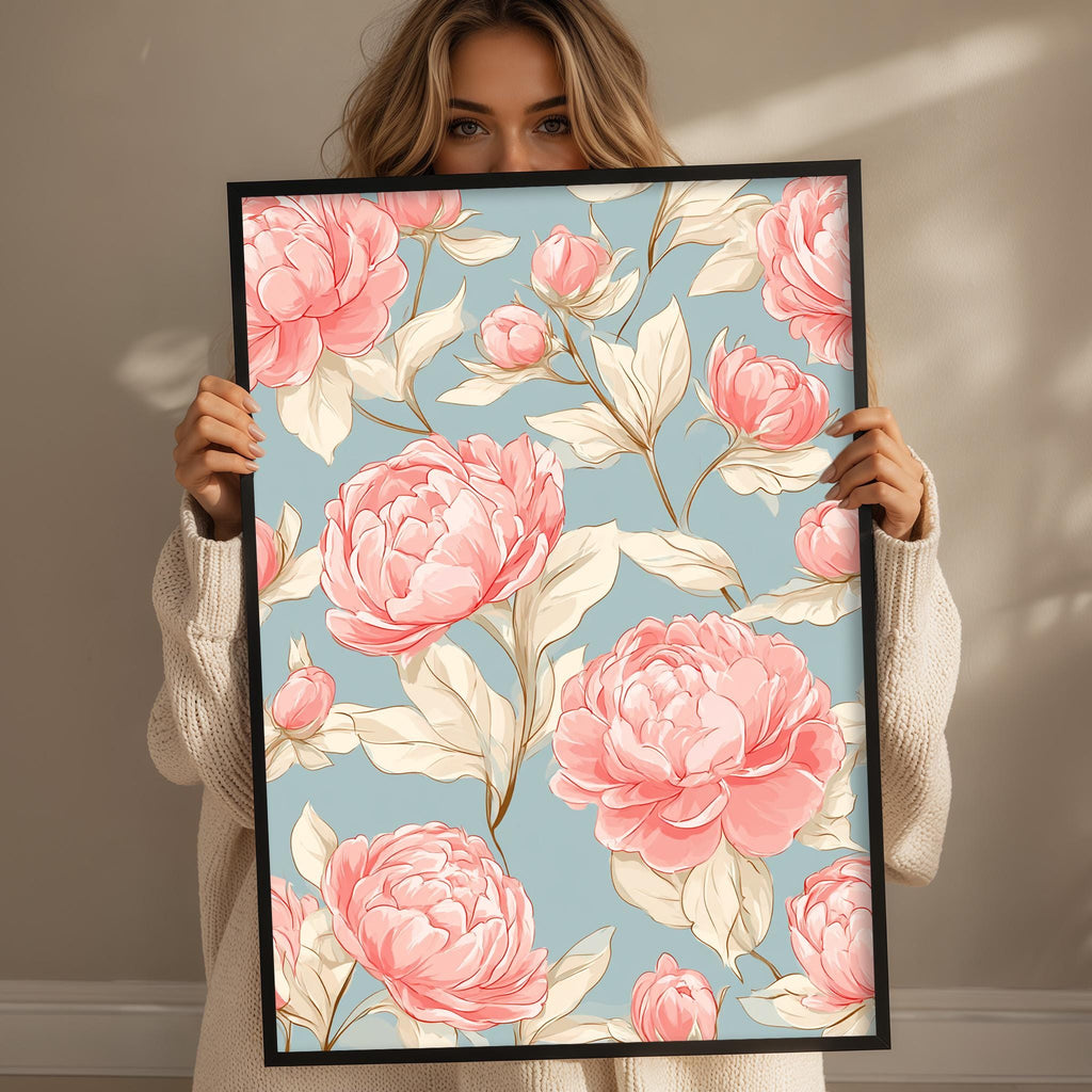 A woman holding a framed print with a floral pattern of pink flowers against a blue background.