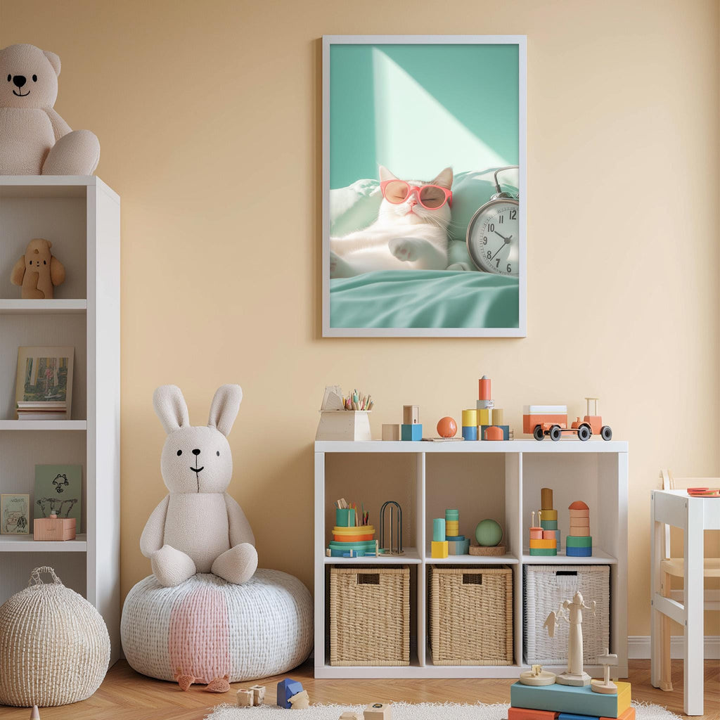 A cozy children's bedroom with a white rabbit sitting on a bean bag chair, surrounded by toys and a bookshelf. A framed picture of a cat wearing sunglasses is displayed on the wall above the bookshelf.
