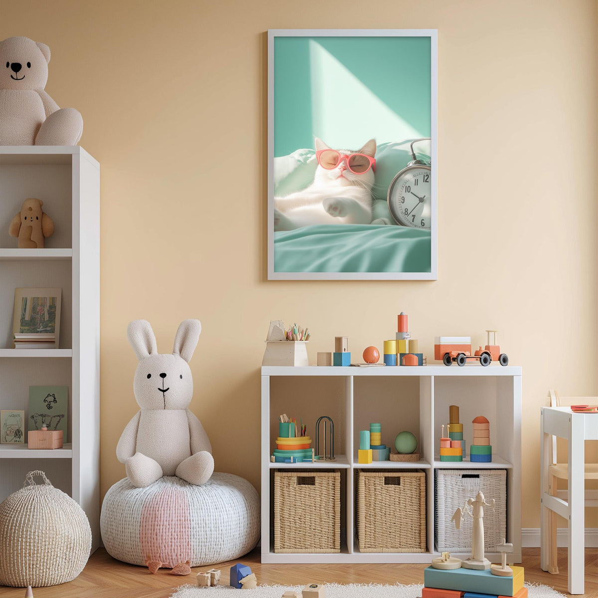 A cozy children's bedroom with a white rabbit sitting on a bean bag chair, surrounded by toys and a bookshelf. A framed picture of a cat wearing sunglasses is displayed on the wall above the bookshelf.
