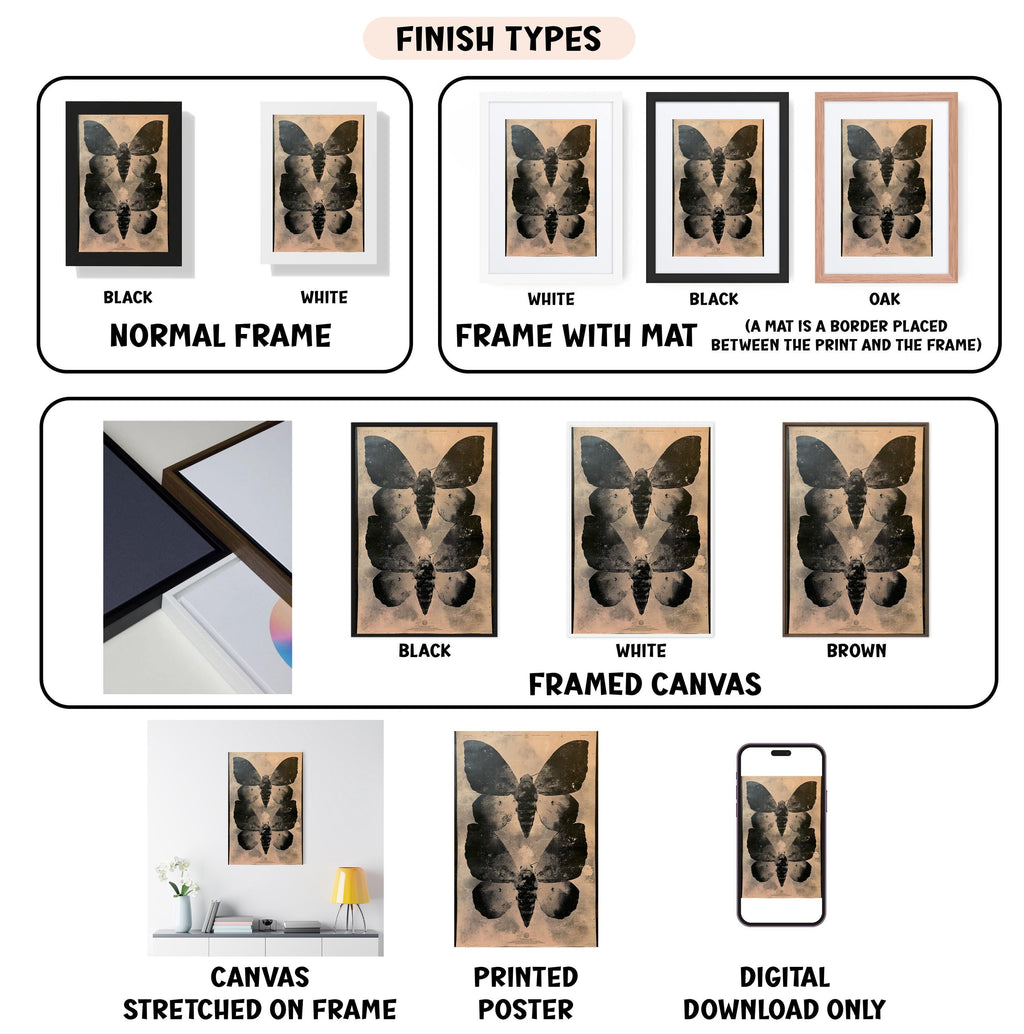 various images of framed artwork, including a butterfly print, a framed canvas, and a printed poster. The images are labeled with different finish types, such as black and white, white, black, oak, and brown. The text provides information about the finish types and the corresponding artwork displayed.