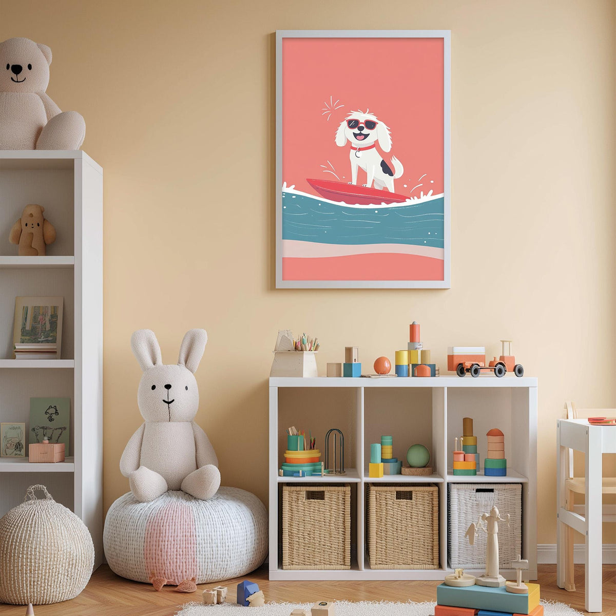 A child's bedroom with a white rabbit sitting on a bean bag chair, surrounded by a toy shelf filled with toys, a bookshelf, and a framed picture of a dog surfing on a wave.