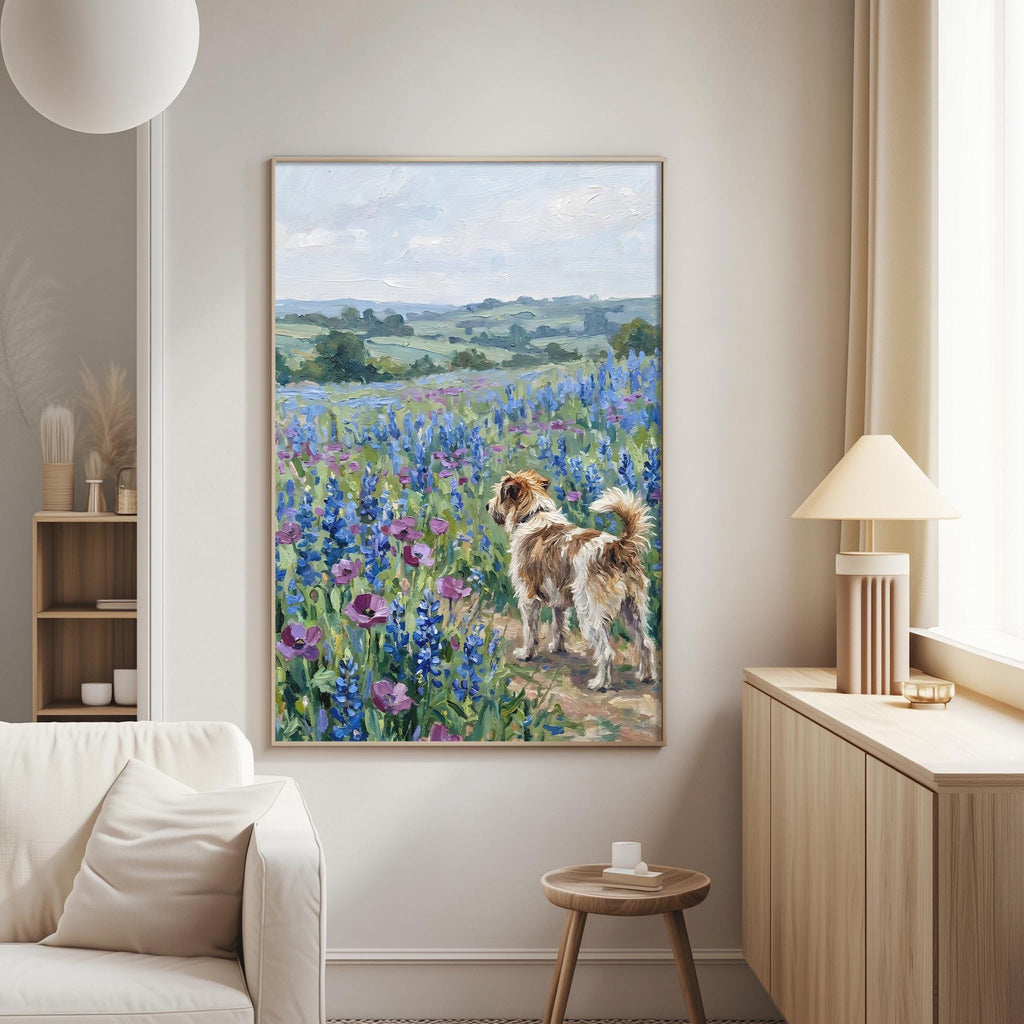a large painting of a dog standing in a field of flowers, with a serene landscape in the background.