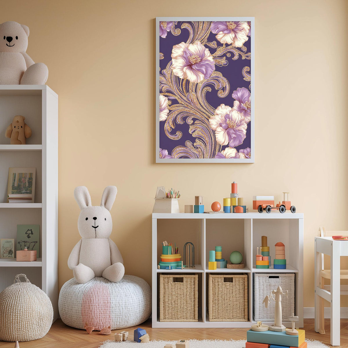 A cozy and colorful children's bedroom with a large floral print on the wall, a white bookshelf filled with toys, and a plush rabbit sitting on a bean bag chair.