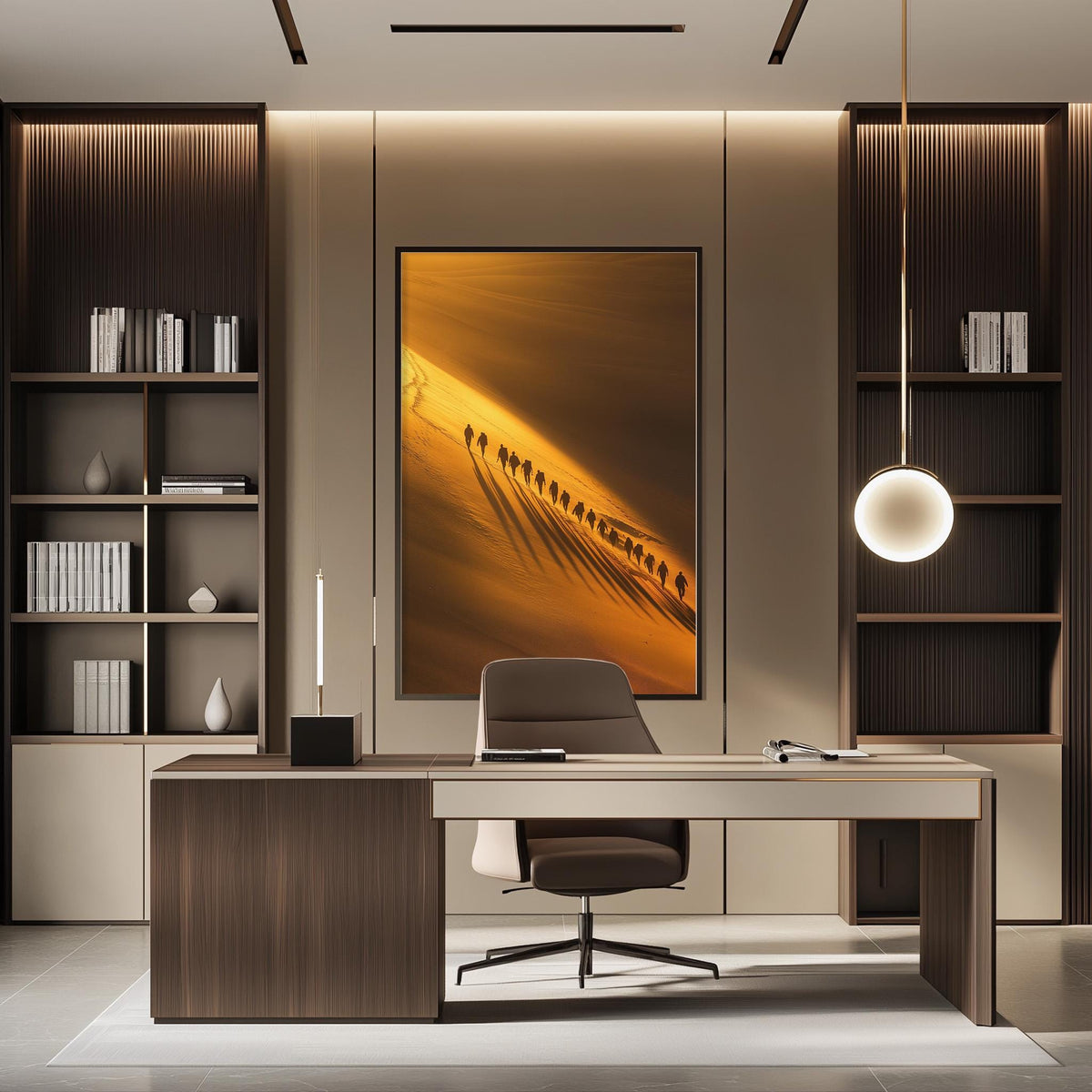 a modern and minimalist office space with a large wooden desk, a comfortable chair, and a striking abstract painting on the wall.