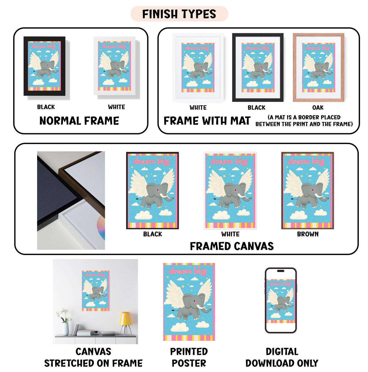 various finish types for a framed artwork, including a black and white normal frame, a white frame with a mat, a black frame, a white framed canvas, a stretched canvas, a printed poster, and a digital download only.